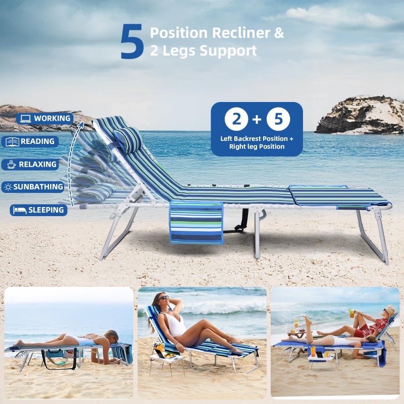 Yestomo 3-in-1 Beach Chair Face Holes, Lounge Chair Outdoor with Folding Side Table, 5-Position Recliner, Lay Flat, Removable Pillow, Heavy Duty, Max 330lbs, Poolside, Patio, Camping, Backyard Striped Blue - Image 5