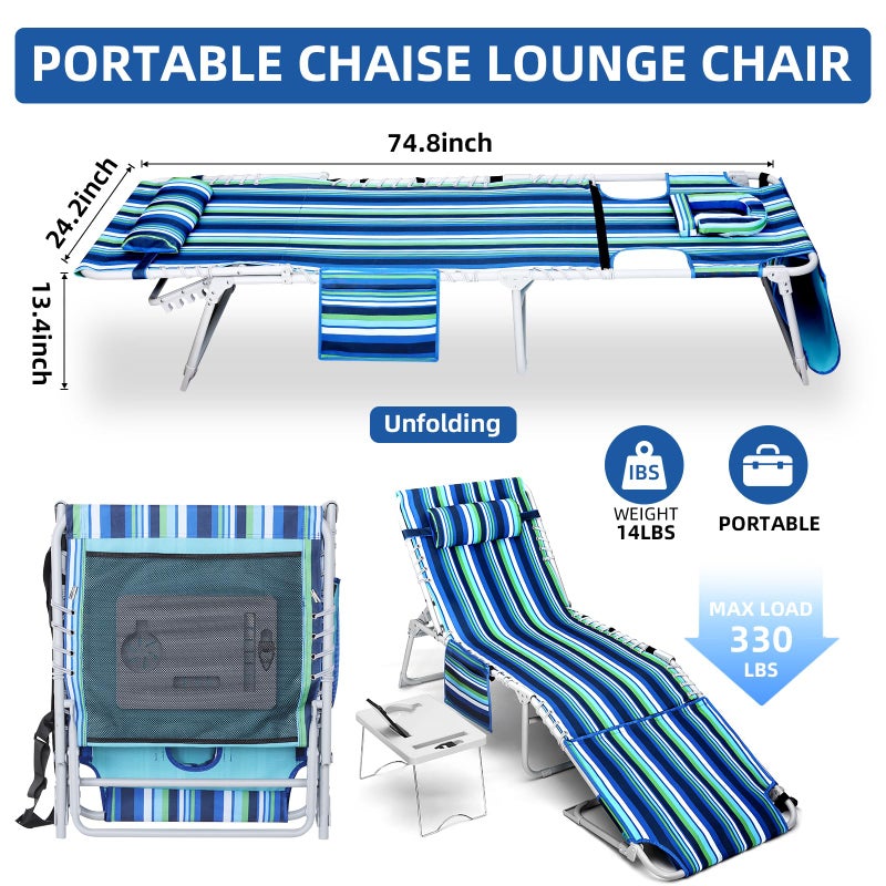Yestomo 3-in-1 Beach Chair Face Holes, Lounge Chair Outdoor with Folding Side Table, 5-Position Recliner, Lay Flat, Removable Pillow, Heavy Duty, Max 330lbs, Poolside, Patio, Camping, Backyard Striped Blue - Image 2