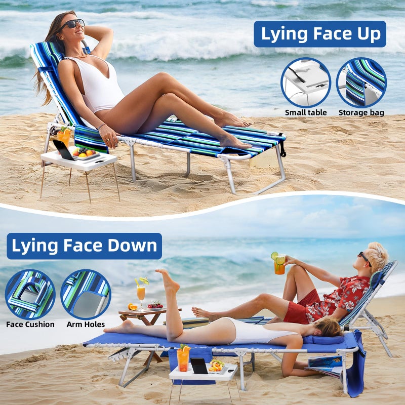 Yestomo 3-in-1 Beach Chair Face Holes, Lounge Chair Outdoor with Folding Side Table, 5-Position Recliner, Lay Flat, Removable Pillow, Heavy Duty, Max 330lbs, Poolside, Patio, Camping, Backyard Striped Blue - Image 4