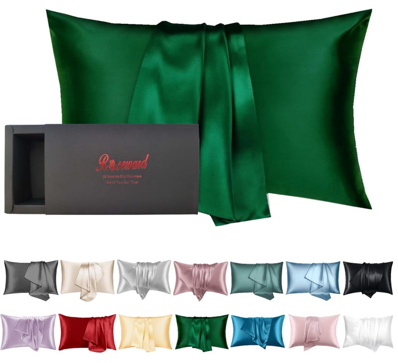 ROSEWARD Green Silk Pillowcase for Hair and Skin Made in USA  22 Momme Mulberry Silk Pillow Cases Standard Size with Zipper  6A Grade Organic Silk  Anti Wrinkle  Anti Acne  1 Pcs 20""x26"" (Standard  Emerald) - Image 1