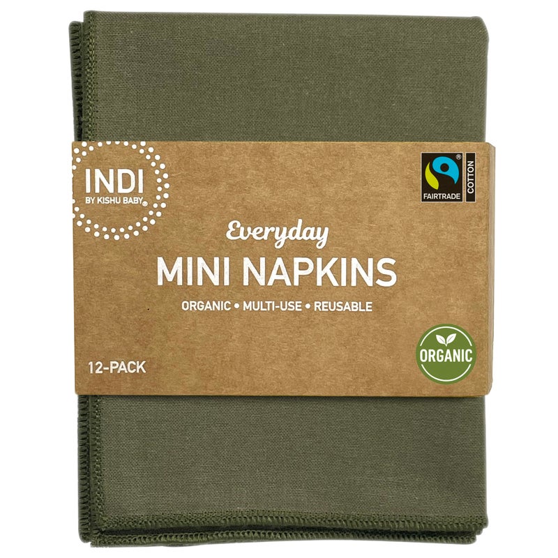 Kishu Baby Indi by Kishu Baby  Fairtrade Certified 100 Organic Cotton Washable Mini Cloth Napkin Sets  Set of 12 Reusable Muslin Napkins for All Occasions Dark Olive