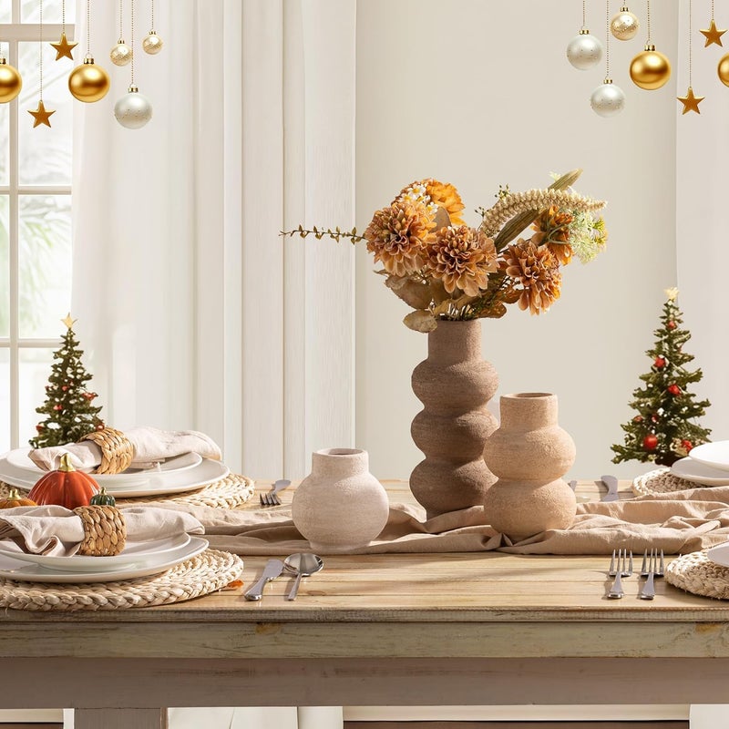 Vanselia Ceramic Vase Home Table Decor - Flower Vase Set of 3 Living Room Kitchen Decorations Farmhouse Modern Rustic Vases Decorative Centerpiece for Shelf Bedroom Office Bathroom Dining Coffee Desk - Image 4