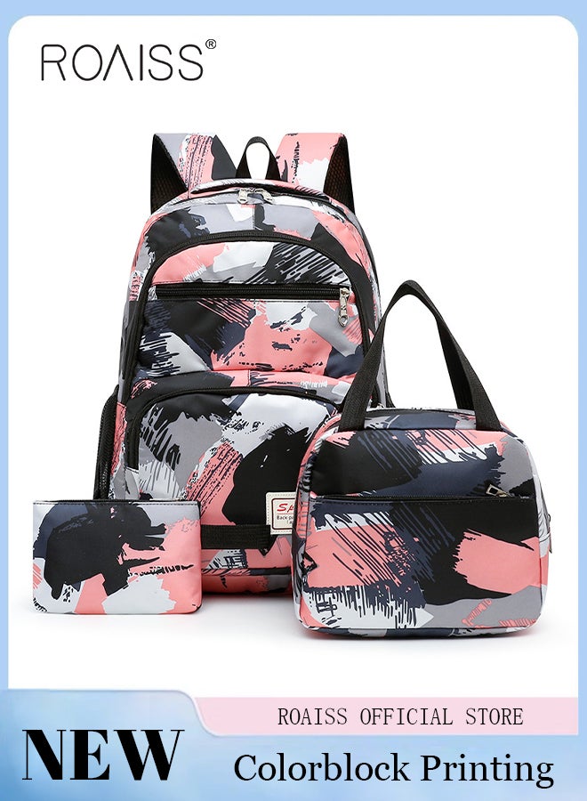 رويس حقيبة ظهر كبيرة السعة مكونة من 3 قطع، بتصميم مموه، متوافقة مع ألوان صندوق الغداء وحافظة أقلام الرصاص، حقيبة مدرسية جامعية/طالبة مدرسة متوسطة/طلاب جامعيين للمراهقين، حقيبة كاجوال خفيفة الوزن ومقاومة للماء - Image 1