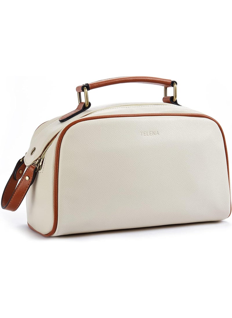 Telena - Telena Travel Toiletry Bag Makeup Cosmetic Bags for Women Waterproof PU Leather Toiletry Organizer Portable Large Capacity Beige with Brown - Image 1