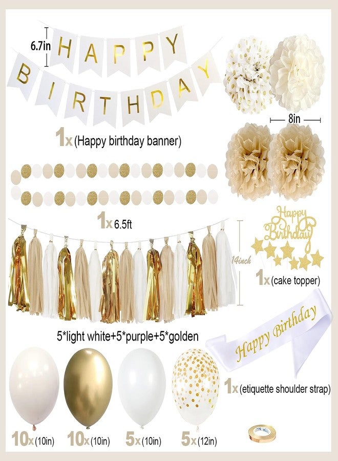 YGBMDZ Upgraded Gold White Birthday Party Decorations for Girls Women Men with Happy Birthday Sash,Banner,Tissue Pompoms,Circle Dots Garland,Paper Tassels Garland, cake topper for Her Decor - Image 3