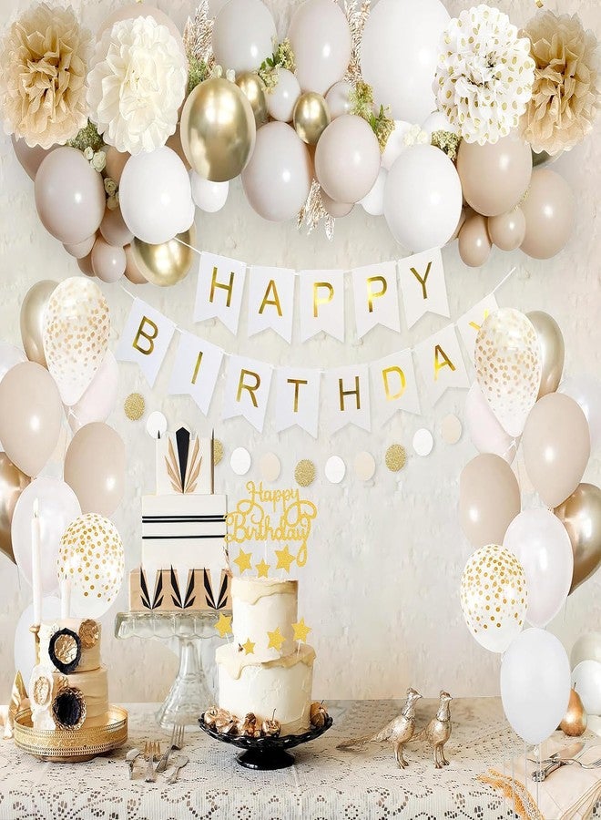 YGBMDZ Upgraded Gold White Birthday Party Decorations for Girls Women Men with Happy Birthday Sash,Banner,Tissue Pompoms,Circle Dots Garland,Paper Tassels Garland, cake topper for Her Decor - Image 2