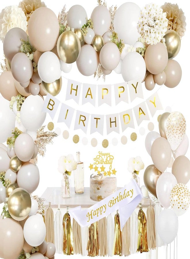 YGBMDZ Upgraded Gold White Birthday Party Decorations for Girls Women Men with Happy Birthday Sash,Banner,Tissue Pompoms,Circle Dots Garland,Paper Tassels Garland, cake topper for Her Decor - Image 1