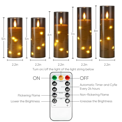 Homemory Flameless Candles with Star String Fairy Lights Battery Operated Candles LED Candle Fake Candles with Remote Control and Timer Modern Home Decor Grey Set of 5 - Image 3