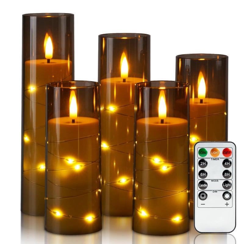 Homemory Flameless Candles with Star String Fairy Lights Battery Operated Candles LED Candle Fake Candles with Remote Control and Timer Modern Home Decor Grey Set of 5 - Image 2