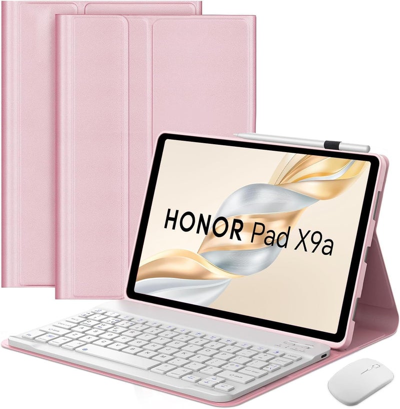 حافظة لوحة مفاتيح عربية إنجليزية مع ماوس لجهاز Honor Pad X9a مقاس 11.5 بوصة (2025)، لوحة مفاتيح بلوتوث قابلة للفصل مغناطيسيًا وقابلة لإعادة الشحن، غطاء حافظة لوحة مفاتيح بلوتوث مع ماوس بلوتوث لاسلكي، تعديل بزاوية 3 اتجاهات، وردي