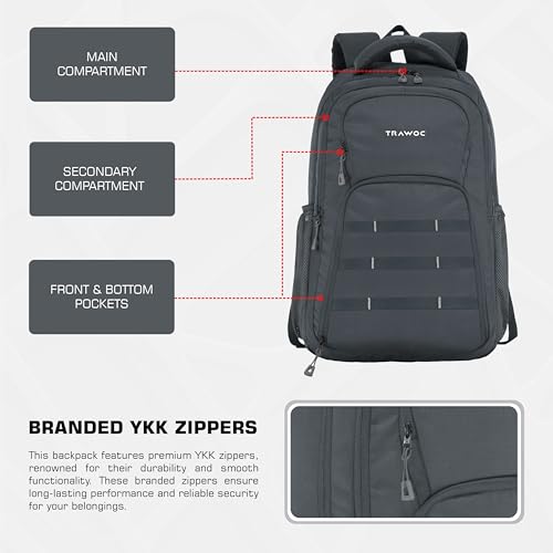 TRAWOC 35L Laptop Backpack TPB05 | Office & Travel Bag with 16-Inch Padded Laptop Compartment, USB Charging Port - 3-Year Warranty, Grey - Image 2