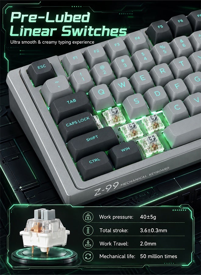 E-YOOSO Z99 Mechanical Keyboard Wired, Hot-Swappable Mechanical Keyboard with Pre-Lubed Linear Switches, Gasket Mount with Sound-Dampening Foam, LED Green Backlit, 99-Key Compact Gaming Keyboards for PC/Mac, Grey - Image 3