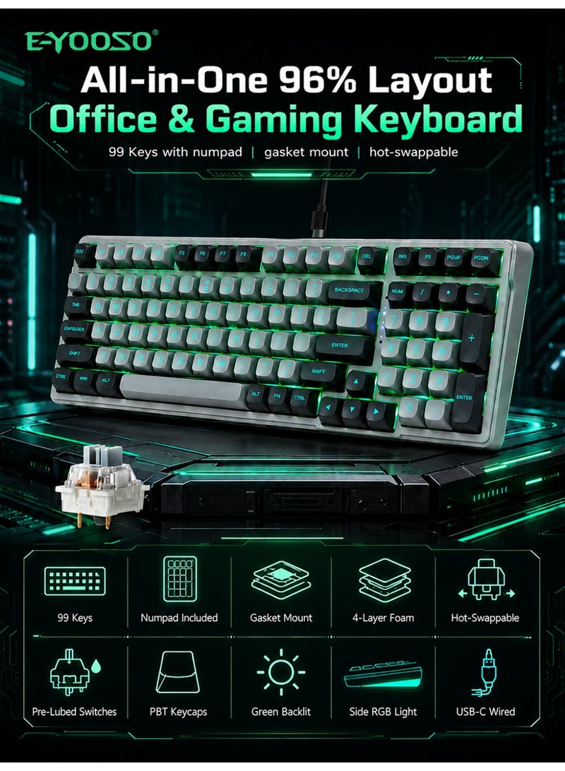 E-YOOSO Z99 Mechanical Keyboard Wired, Hot-Swappable Mechanical Keyboard with Pre-Lubed Linear Switches, Gasket Mount with Sound-Dampening Foam, LED Green Backlit, 99-Key Compact Gaming Keyboards for PC/Mac, Grey - Image 1