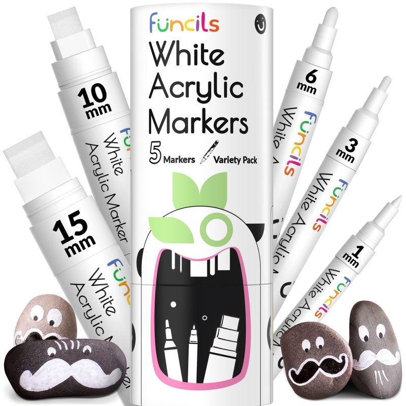 Funcils 5 Acrylic White Paint Pens Fine Jumbo Size Ink Pens 1mm 3mm 6mm 10mm 15mm Permanent White Marker Ink for Rock Painting Fabric Tire Metal Wood Canvas Glass Plastic Ceramic - Image 2