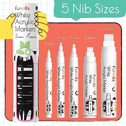 Funcils 5 Acrylic White Paint Pens Fine Jumbo Size Ink Pens 1mm 3mm 6mm 10mm 15mm Permanent White Marker Ink for Rock Painting Fabric Tire Metal Wood Canvas Glass Plastic Ceramic - Image 3
