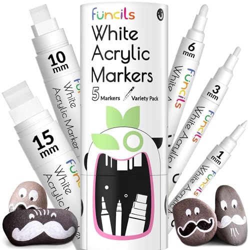 Funcils 5 Acrylic White Paint Pens Fine Jumbo Size Ink Pens 1mm 3mm 6mm 10mm 15mm Permanent White Marker Ink for Rock Painting Fabric Tire Metal Wood Canvas Glass Plastic Ceramic - Image 1