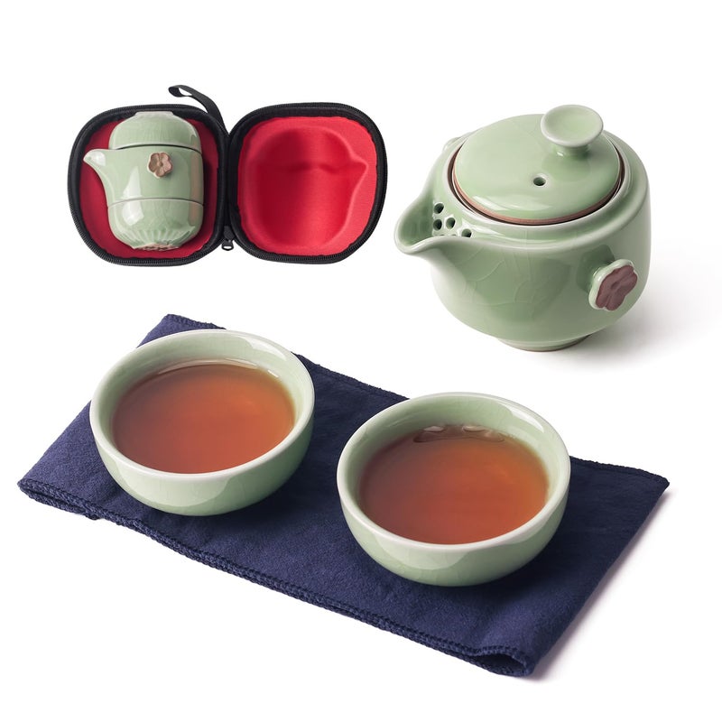 Travel Tea Set Ceramic Tea Pot Set Chinese Kung Fu Teapot Porcelain Gongfu Teacups with Infuser Portable Bag 1 Pot 2 Mini Cup All in One for Home Office Outdoor Picnic Camping Hotel