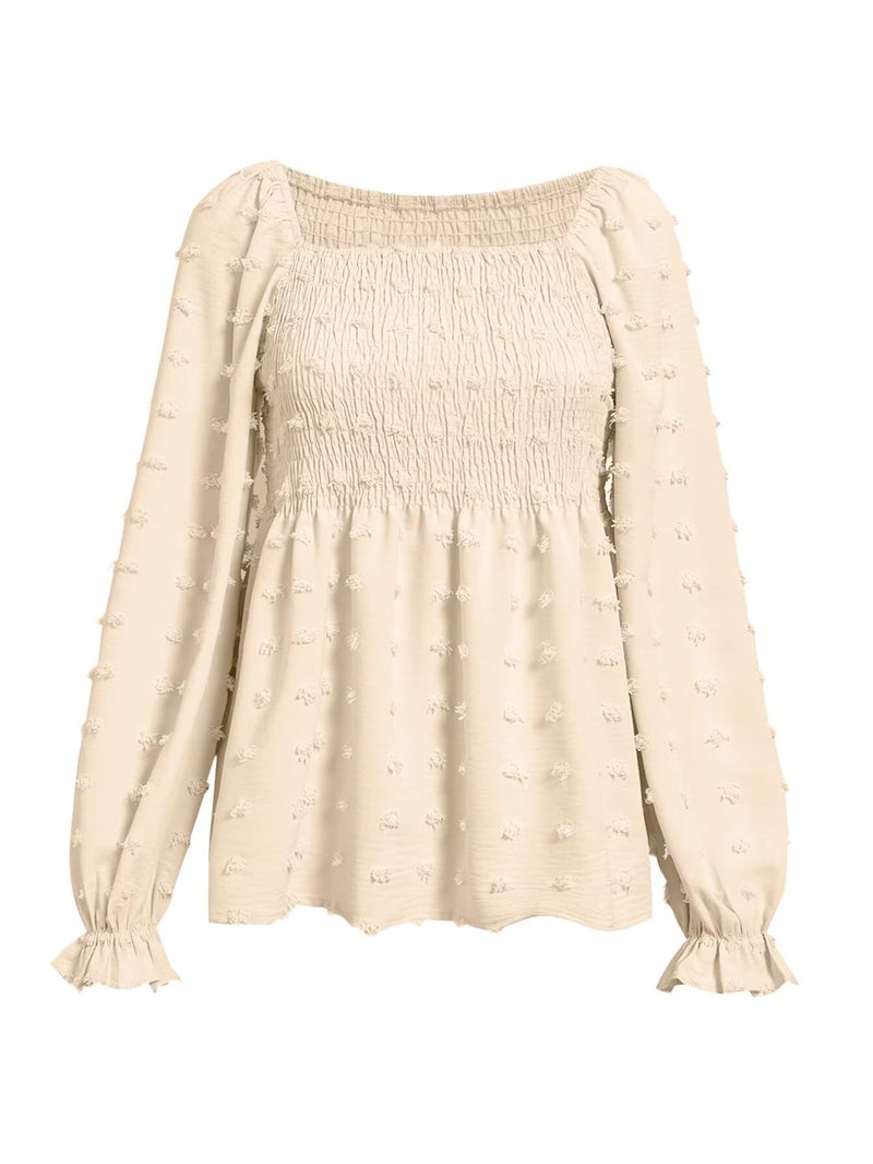 Flamingals Women's Long Sleeve Peplum Blouse Square Neck Cute Elegant Ruffle Smocked Babydoll Shirts Beige L - Image 3
