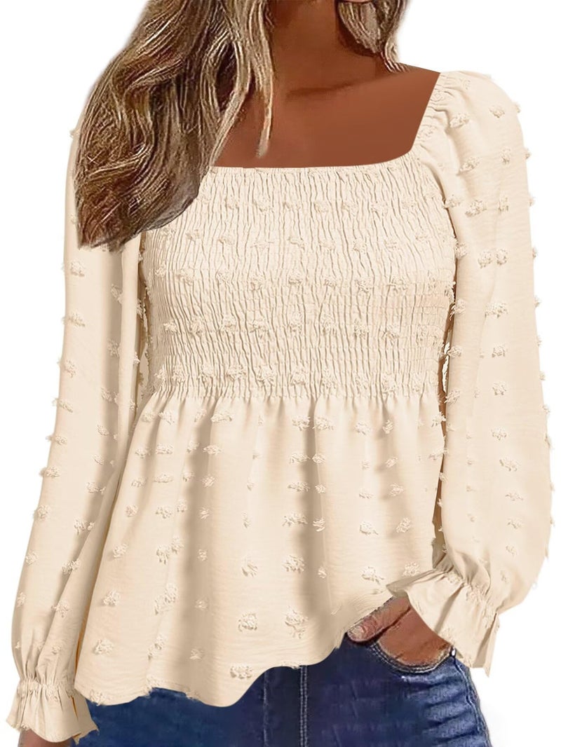 Flamingals Women's Long Sleeve Peplum Blouse Square Neck Cute Elegant Ruffle Smocked Babydoll Shirts Beige L - Image 1