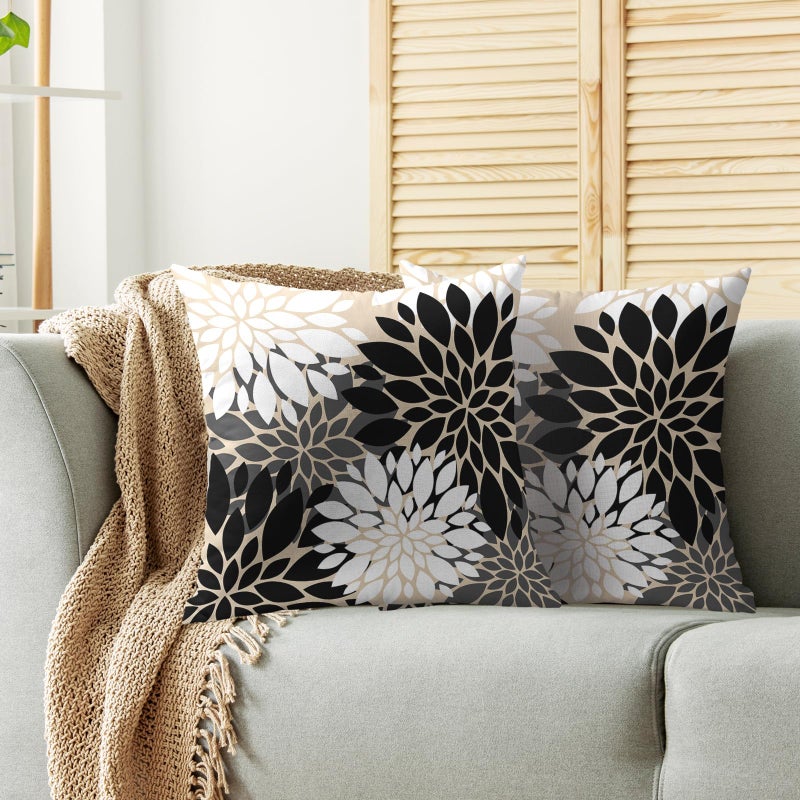 Smozenith Smozenith Black White Grey Gray Pillow Covers 20X20 Inch Set of 2  Modern Geometry Dahlia Floral Print Decorative Throw Pillow Covers Outdoor Farmhouse Cushion Case for Home Couch Sofa Bed Decoration  - Image 2