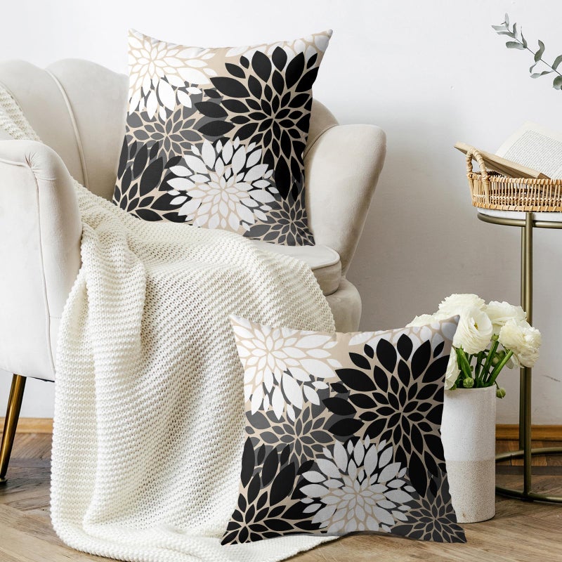 Smozenith Smozenith Black White Grey Gray Pillow Covers 20X20 Inch Set of 2  Modern Geometry Dahlia Floral Print Decorative Throw Pillow Covers Outdoor Farmhouse Cushion Case for Home Couch Sofa Bed Decoration  - Image 3