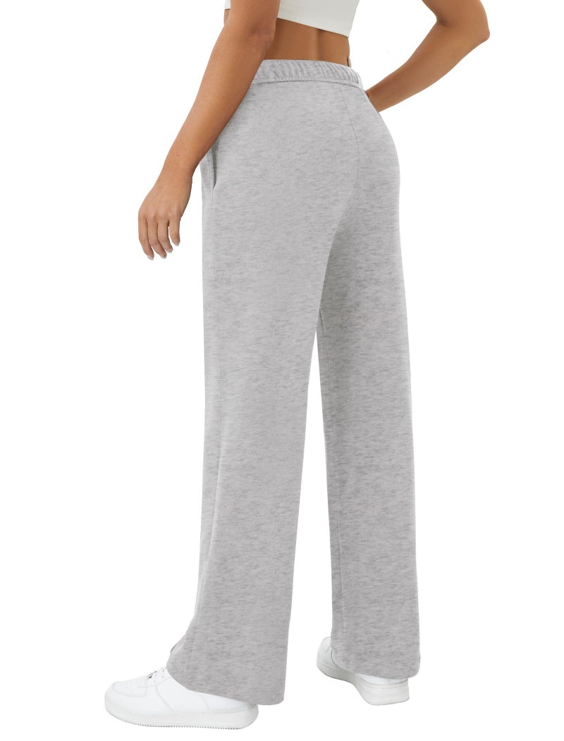 DLOODA Womens Wide Leg Sweatpants Interior Drawstring Baggy Sweat Pants with Pockets Elastic Waisted Lounge Casual Trousers Grey - Image 2