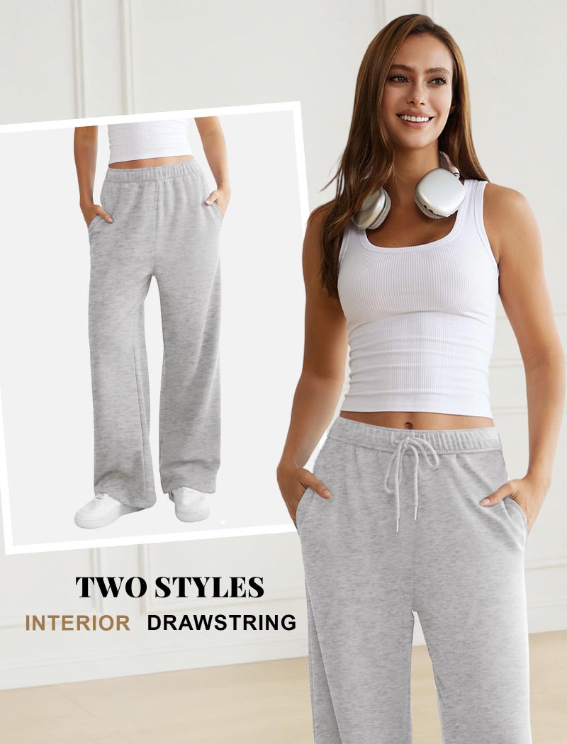 DLOODA Womens Wide Leg Sweatpants Interior Drawstring Baggy Sweat Pants with Pockets Elastic Waisted Lounge Casual Trousers Grey - Image 4
