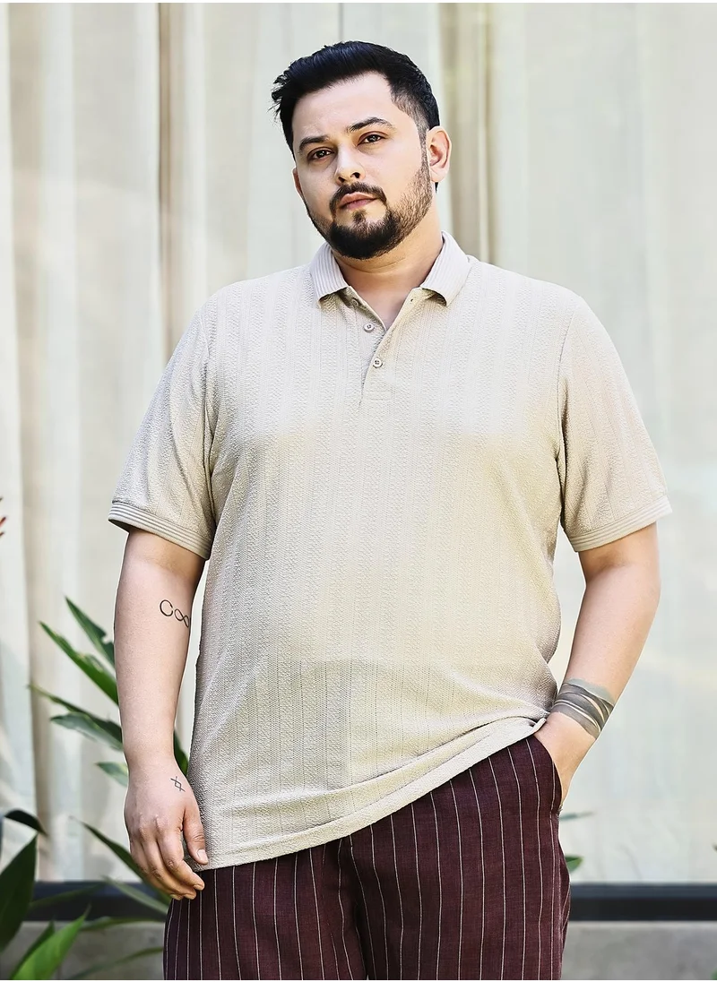 Instafab Plus Instafab Plus Men's Ecru Beige Texture-Lined Polo T-Shirt For Casual Wear | Polo Neck | Short Cuffed Sleeves | Half-Button Closure | Plus Size T-Shirt Crafted With Comfort Fit For Everyday Wear