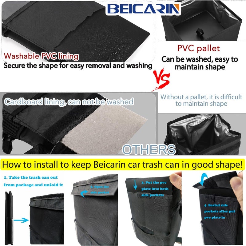 Beicarin Car Trash Bin with Lid - Portable Waterproof Garbage Bin with Storage Pockets - Image 2