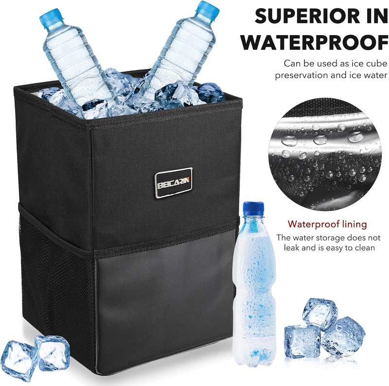 Beicarin Car Trash Bin with Lid - Portable Waterproof Garbage Bin with Storage Pockets - Image 5