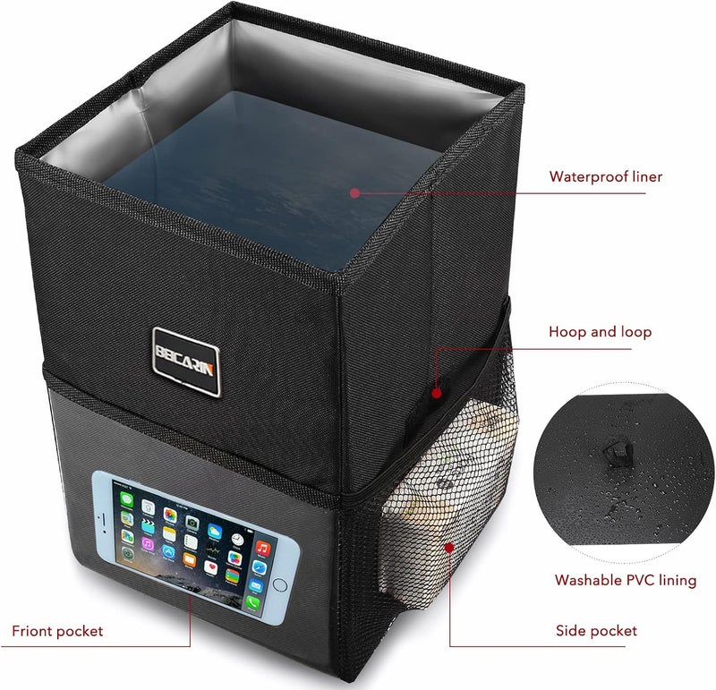 Beicarin Car Trash Bin with Lid - Portable Waterproof Garbage Bin with Storage Pockets - Image 3