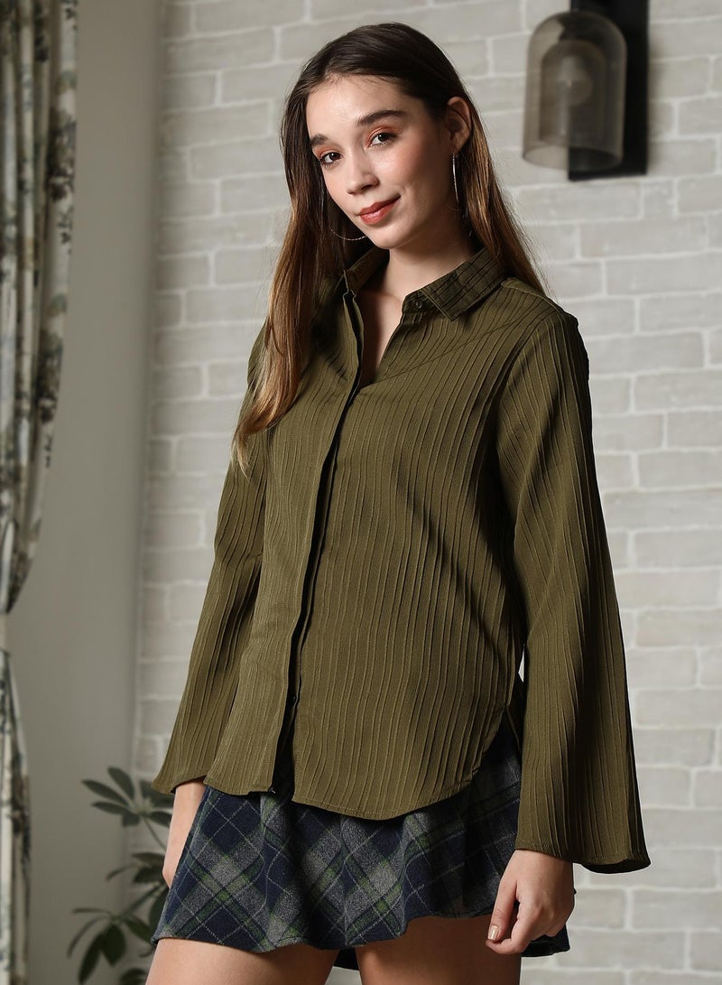 PINACOLADA Pinacolada Women's Olive Green Self-Design Striped Shirt For Casual Wear | Spread Collar | Long Flared Sleeves | Button Closure | Shirt Designed With Comfortable Fit For Woman & Girls - Image 3