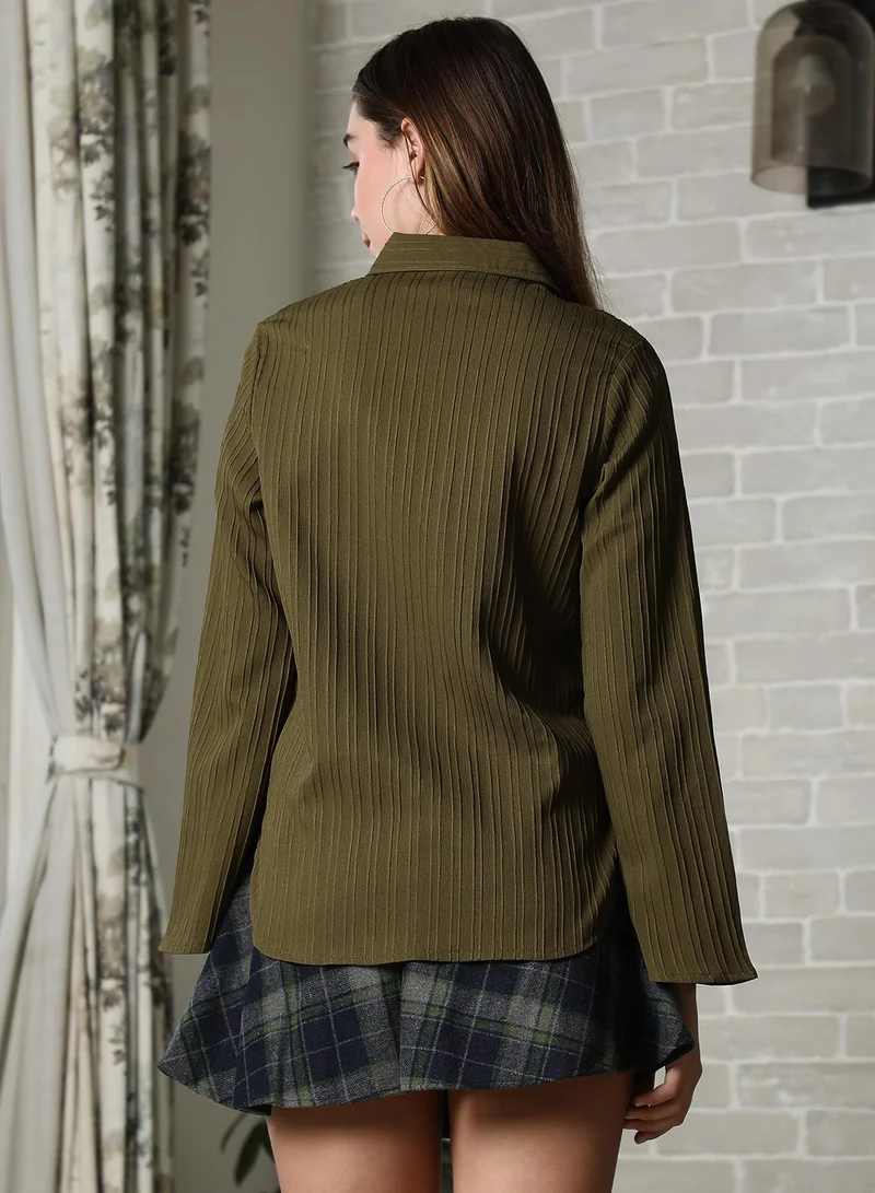 PINACOLADA Women's Olive Green Self-Design Striped Shirt For Casual Wear | Spread Collar | Long Flared Sleeves | Button Closure | Shirt Designed With Comfortable Fit For Woman & Girls