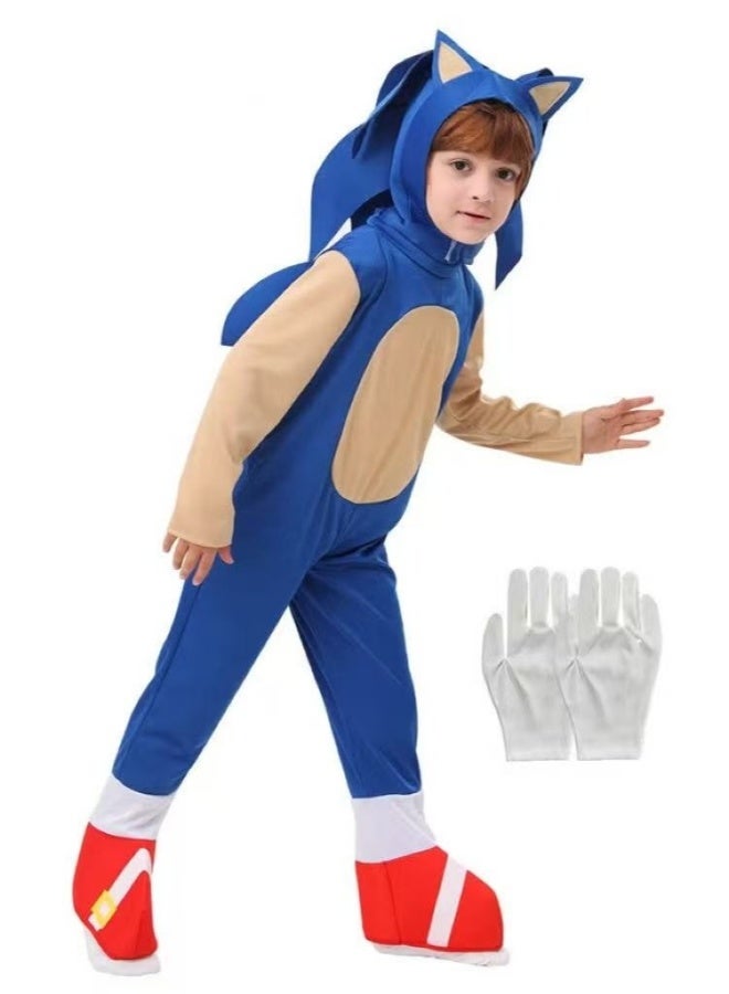 Kidzilla Kids Sonic-Inspired Blue Costume Set – Hood, Jumpsuit & Gloves for Halloween, Cosplay & Stage L-120cm - Image 4