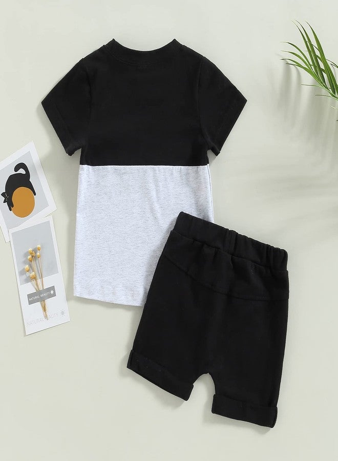 Rtnnsbbfcm Newborn Baby Boy Summer Clothes Short Sleeve Color Block Front Pocket T-Shirt Top Shorts 2Pcs Casual Outfit (18-24 Months,Black White) - Image 3
