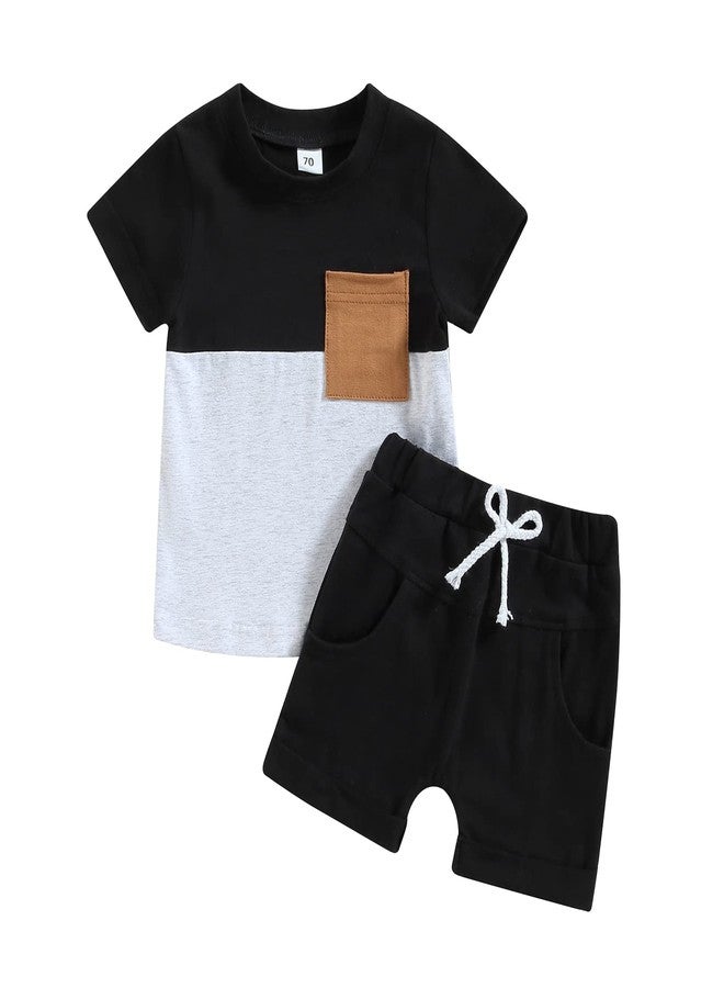 Rtnnsbbfcm Newborn Baby Boy Summer Clothes Short Sleeve Color Block Front Pocket T-Shirt Top Shorts 2Pcs Casual Outfit (18-24 Months,Black White) - Image 1