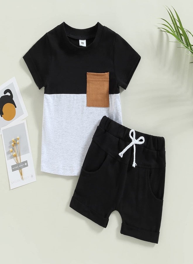 Rtnnsbbfcm Newborn Baby Boy Summer Clothes Short Sleeve Color Block Front Pocket T-Shirt Top Shorts 2Pcs Casual Outfit (18-24 Months,Black White) - Image 2