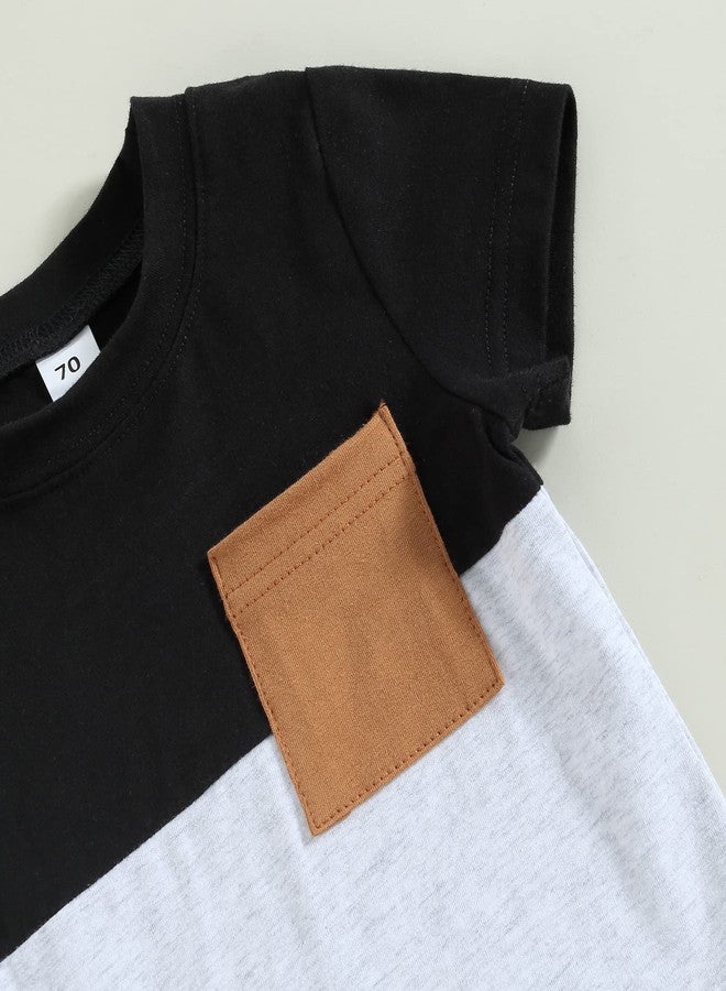 Rtnnsbbfcm Newborn Baby Boy Summer Clothes Short Sleeve Color Block Front Pocket T-Shirt Top Shorts 2Pcs Casual Outfit (18-24 Months,Black White) - Image 4