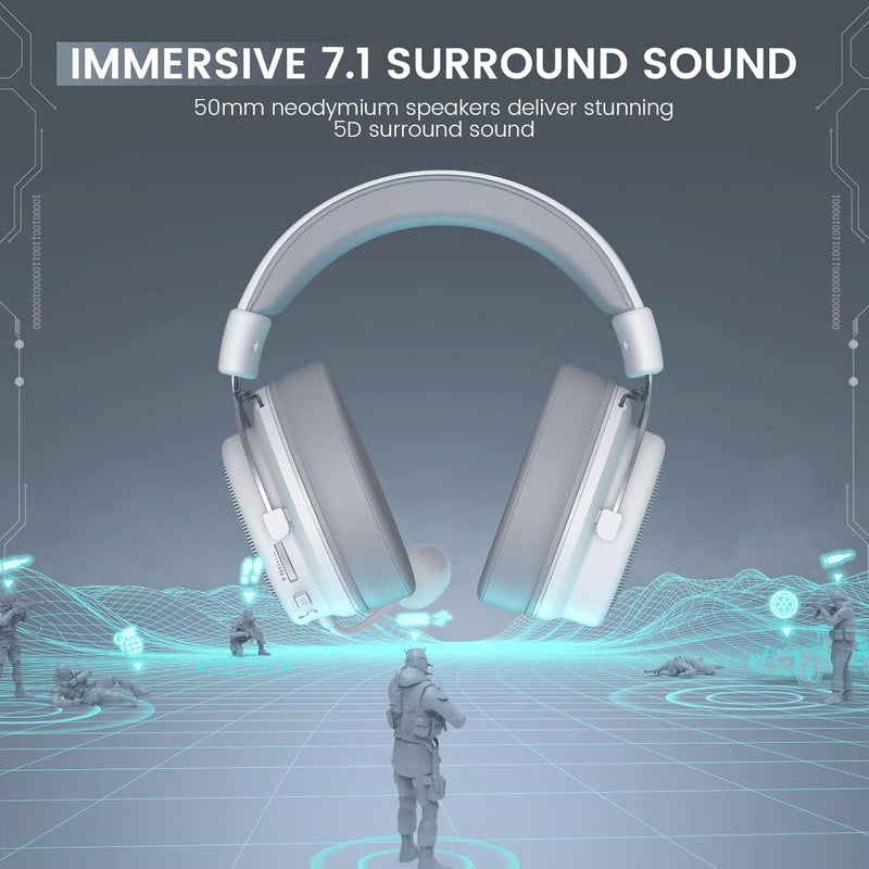 EKSA سماعات الألعاب السلكية E900 Pro البيضاء فوق الأذن مع صوت محيطي افتراضي 7.1، إلغاء الضوضاء مع ميكروفون وإضاءة LED، متوافقة مع الكمبيوتر، PS4، PS5، Xbox One - Image 2