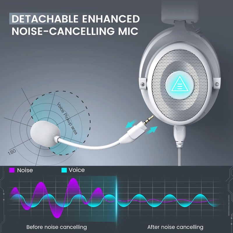 EKSA سماعات الألعاب السلكية E900 Pro البيضاء فوق الأذن مع صوت محيطي افتراضي 7.1، إلغاء الضوضاء مع ميكروفون وإضاءة LED، متوافقة مع الكمبيوتر، PS4، PS5، Xbox One - Image 5
