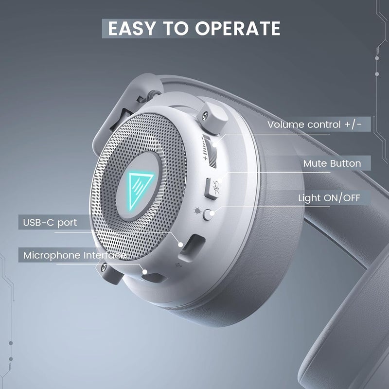 EKSA سماعات الألعاب السلكية E900 Pro البيضاء فوق الأذن مع صوت محيطي افتراضي 7.1، إلغاء الضوضاء مع ميكروفون وإضاءة LED، متوافقة مع الكمبيوتر، PS4، PS5، Xbox One - Image 4