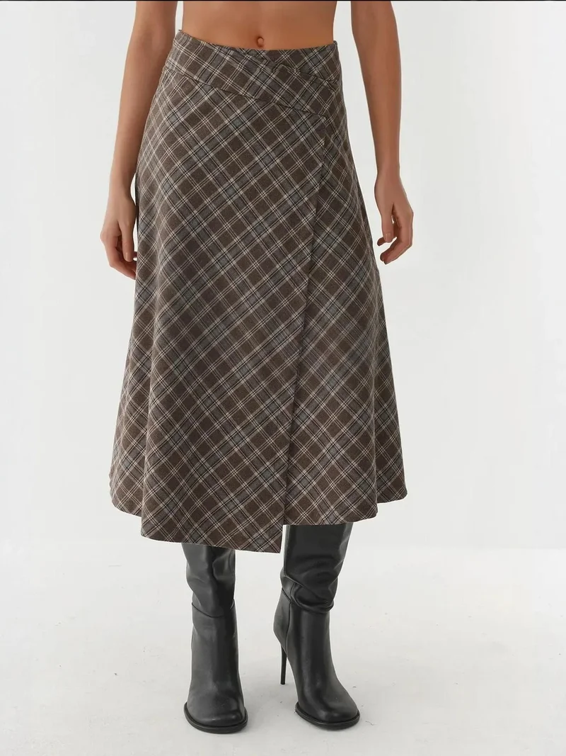 Plaid Maxi Skirt with Button Closure
