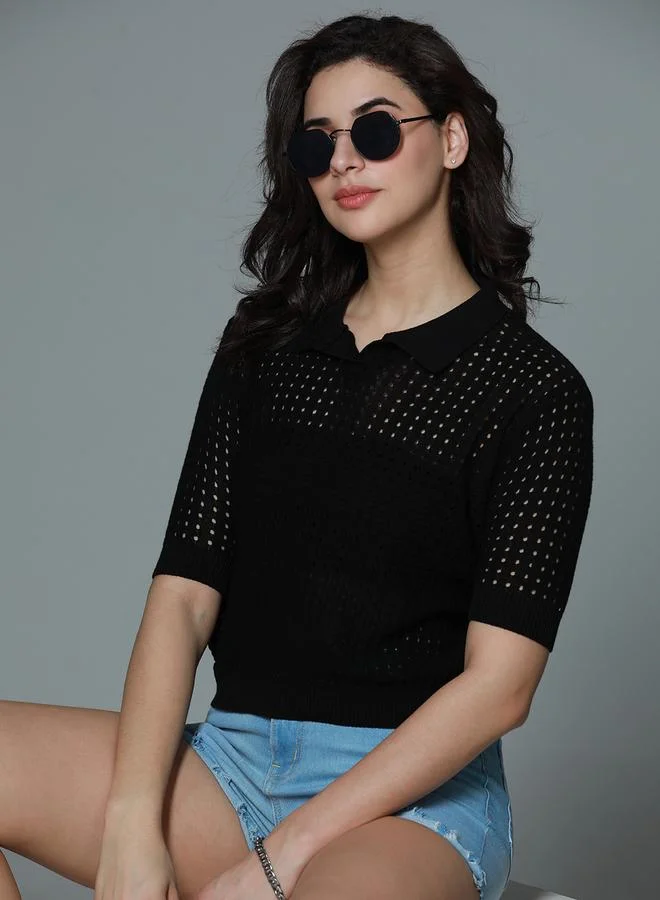 HIGH STAR Women Black Polo Crochet Cotton Top