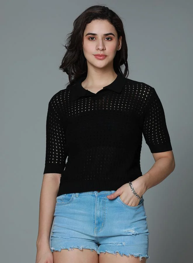 HIGH STAR Women Black Polo Crochet Cotton Top