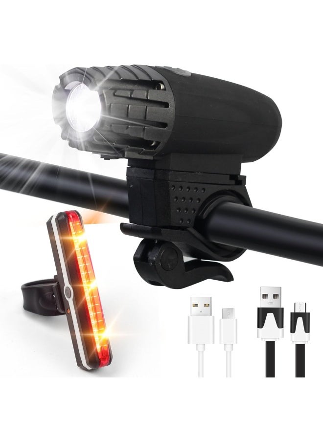 SKY-TOUCH USB Rechargeable Bike Light Set 320 Lumens Powerful Front and Rear Bike Accessories for Night Riding, Cycling Rear Headlight Reflectors for Kids, Road, Mountain Bike, Black  - Image 1