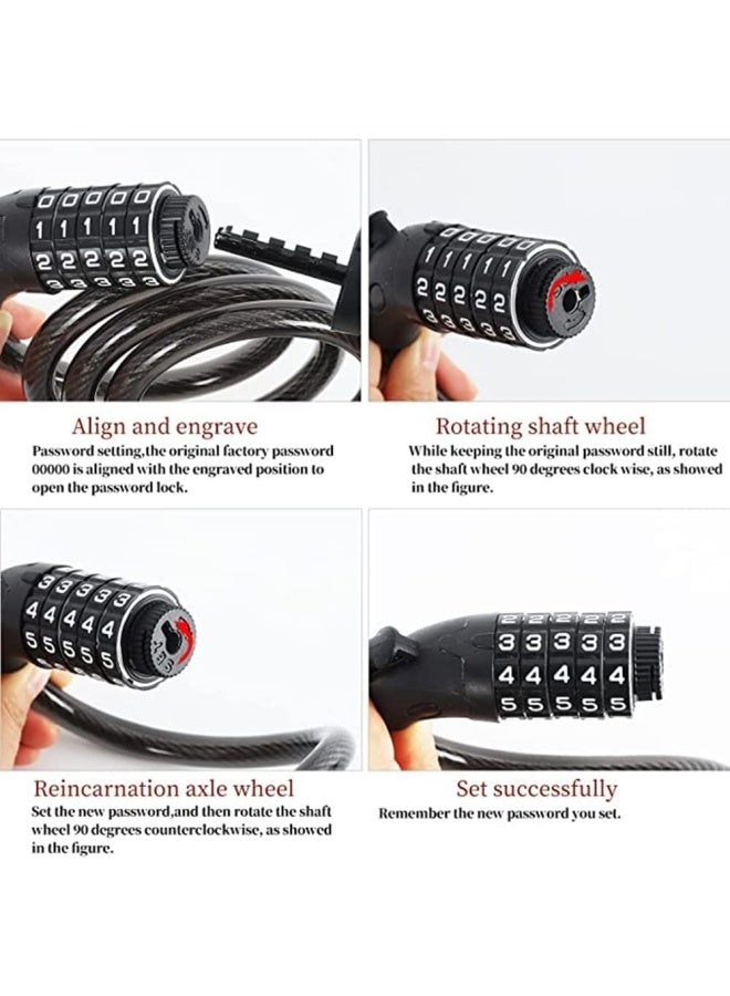 SKY-TOUCH قفل دراجة بكابل، 1.2م قفل دراجة برمز مكون من 5 أرقام قابل لإعادة الضبط، أقفال دراجات ضد السرقة، قفل كلمة مرور للدراجات والسكوترات - Image 4