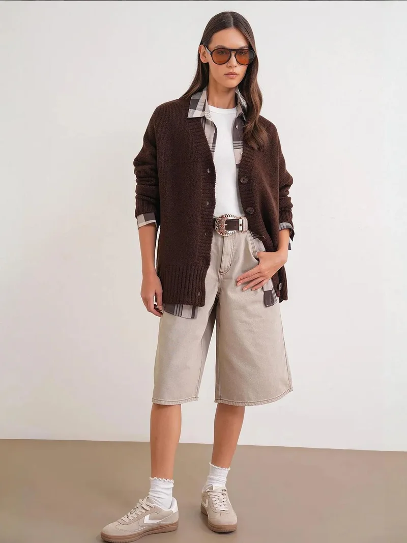 MixRay Mixray Buttoned V-Neck Ribbed Knit Cardigan