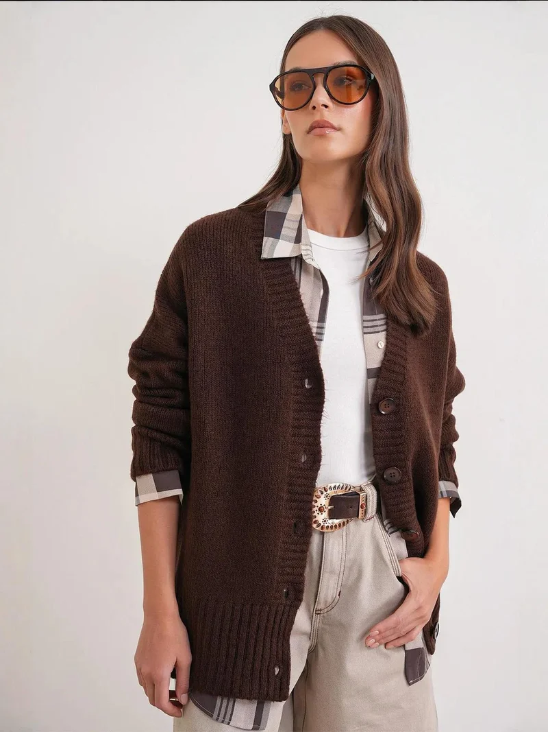 Mixray Coffee Brown Mixray Buttoned V-Neck Ribbed Knit Cardigan for Women | Best Price UAE