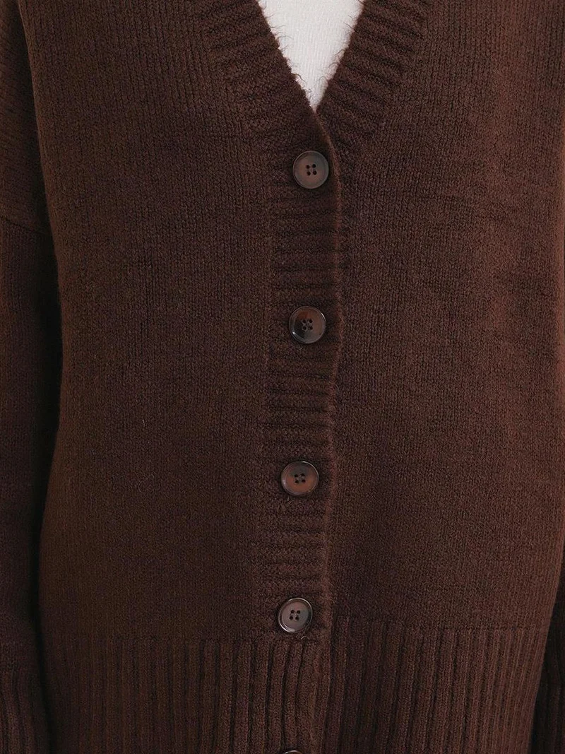 Mixray Coffee Brown Mixray Buttoned V-Neck Ribbed Knit Cardigan for Women | Best Price UAE