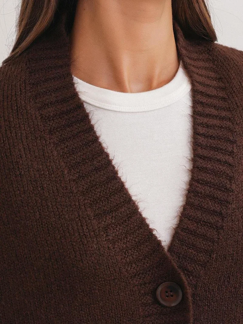 Mixray Coffee Brown Mixray Buttoned V-Neck Ribbed Knit Cardigan for Women | Best Price UAE